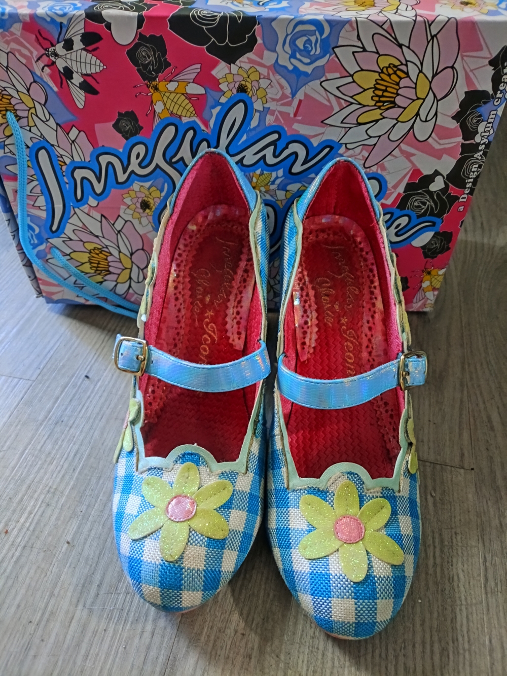 Irregular Choice Blue Gingham Mary Janes with Flower Accent